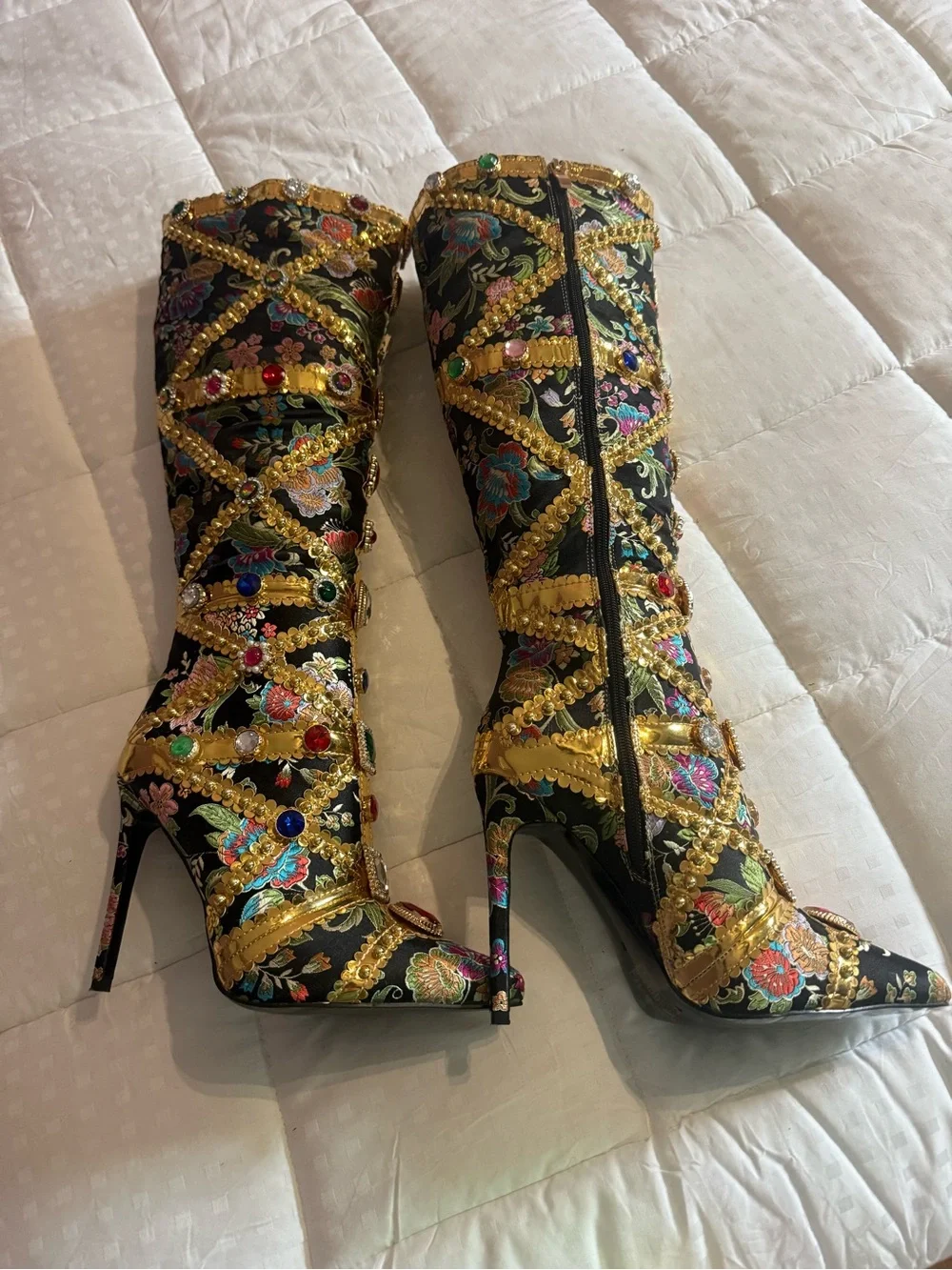 Embellished Black Floral Knee-High Heeled Boots - Picture 4 of 6